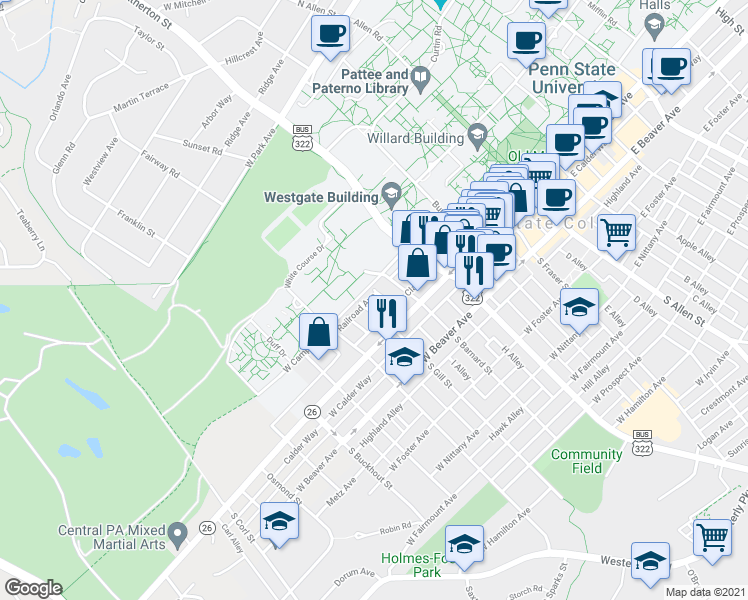 map of restaurants, bars, coffee shops, grocery stores, and more near 140 Wood Alley in State College