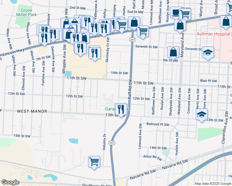 map of restaurants, bars, coffee shops, grocery stores, and more near 3830 11th Street Southwest in Canton