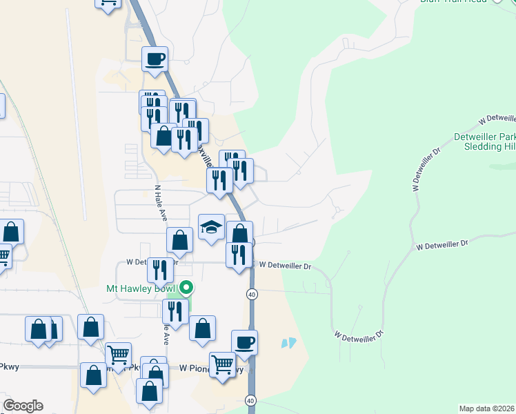 map of restaurants, bars, coffee shops, grocery stores, and more near 8428 Knoxville Avenue in Peoria