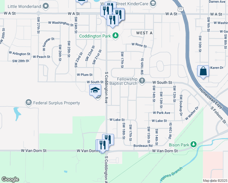 map of restaurants, bars, coffee shops, grocery stores, and more near 2200 Southwest 19th Street in Lincoln