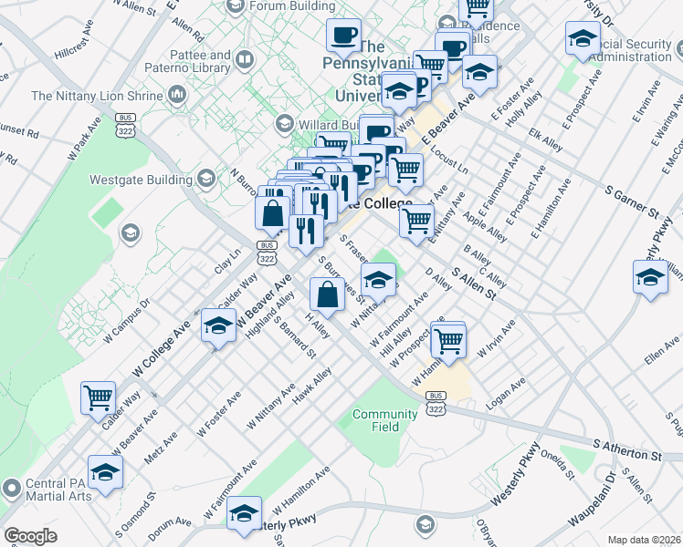 map of restaurants, bars, coffee shops, grocery stores, and more near 253 South Burrowes Street in State College