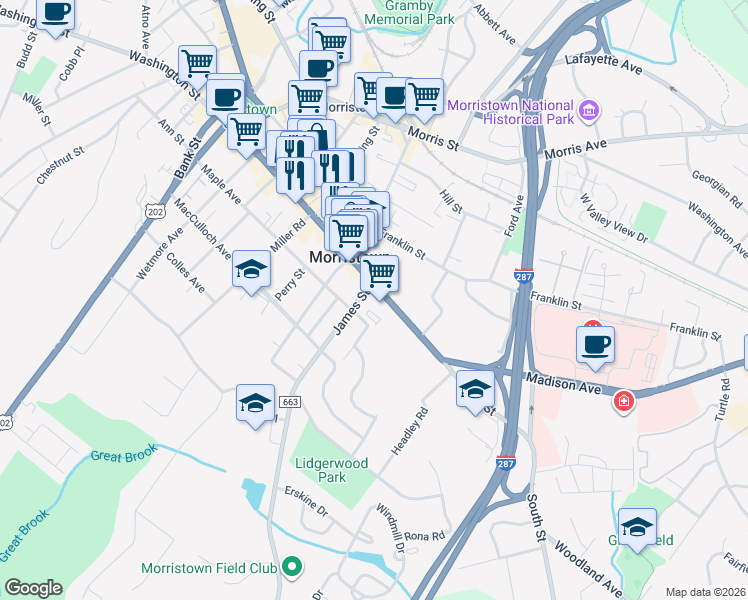 map of restaurants, bars, coffee shops, grocery stores, and more near 200 South Street in Morristown