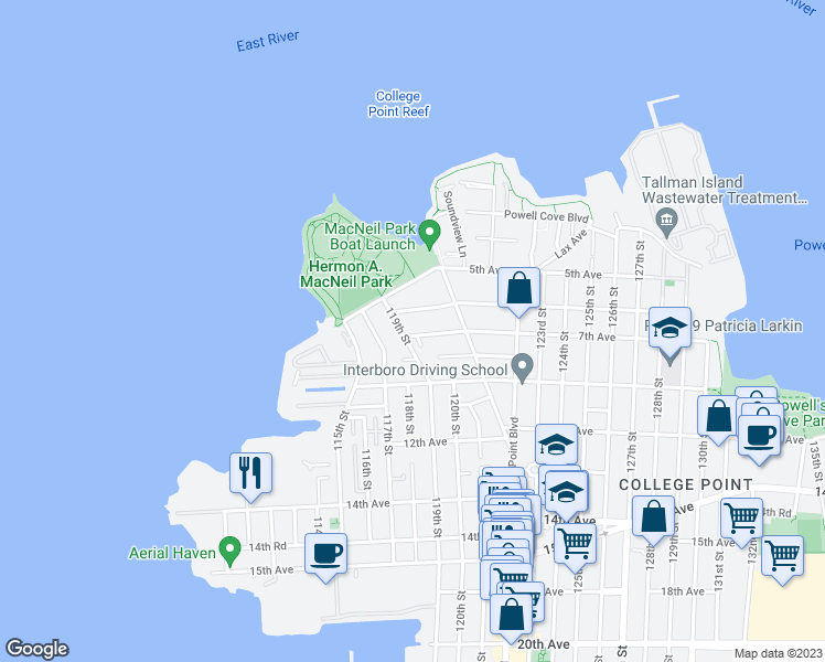 map of restaurants, bars, coffee shops, grocery stores, and more near 6-23 119th Street in Queens