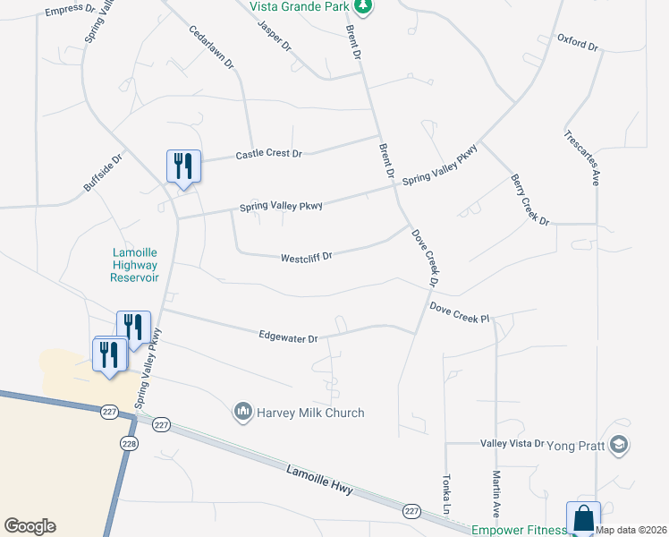 map of restaurants, bars, coffee shops, grocery stores, and more near 442 Westcliff Drive in Spring Creek