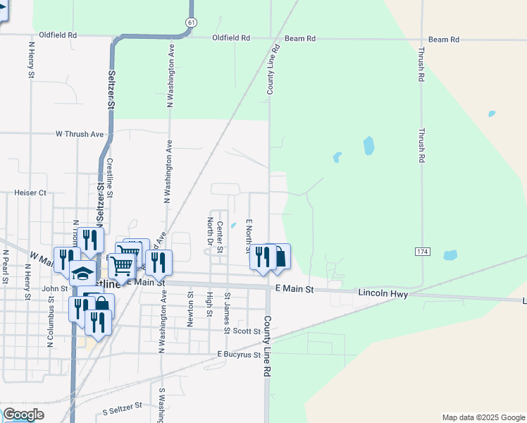 map of restaurants, bars, coffee shops, grocery stores, and more near 677 County Line Rd in Crestline