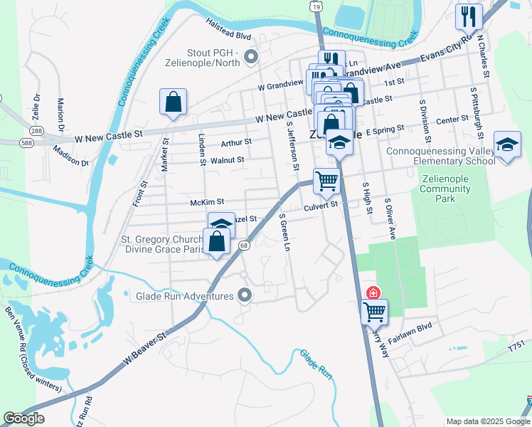 map of restaurants, bars, coffee shops, grocery stores, and more near 100 Hazel Street in Zelienople