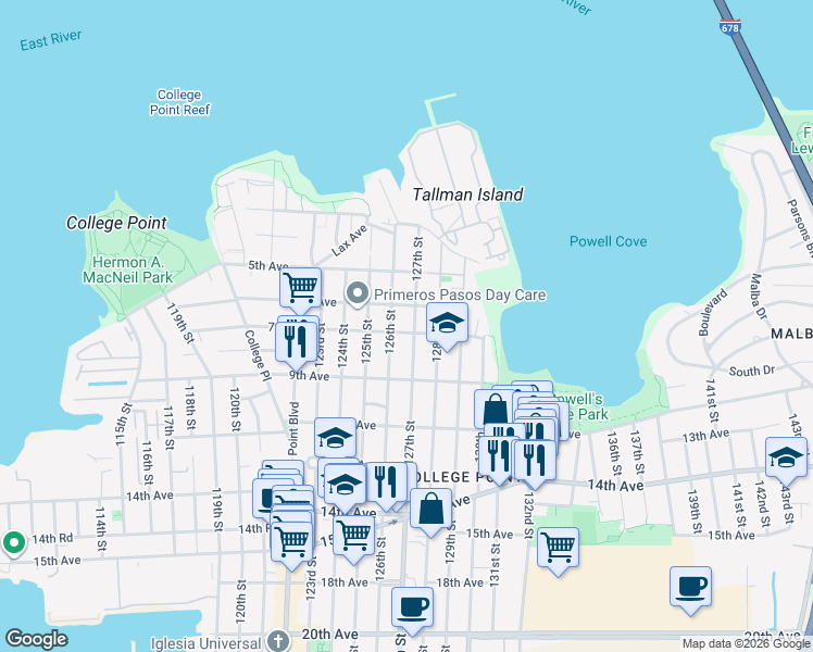 map of restaurants, bars, coffee shops, grocery stores, and more near 6-17 127th Street in Queens