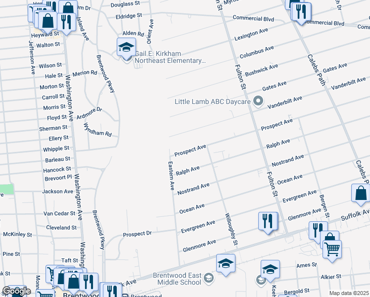 map of restaurants, bars, coffee shops, grocery stores, and more near 5 Prospect Avenue in Brentwood
