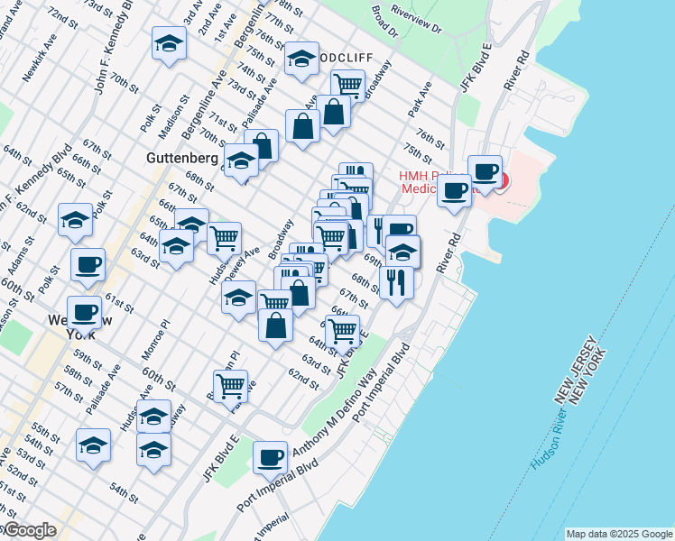 map of restaurants, bars, coffee shops, grocery stores, and more near 83 68th Street in Guttenberg