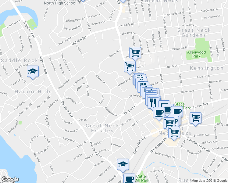 map of restaurants, bars, coffee shops, grocery stores, and more near 11 Clover Drive in Great Neck