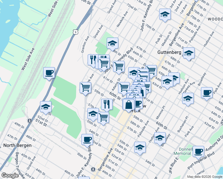 map of restaurants, bars, coffee shops, grocery stores, and more near 6016 Adams Street in West New York