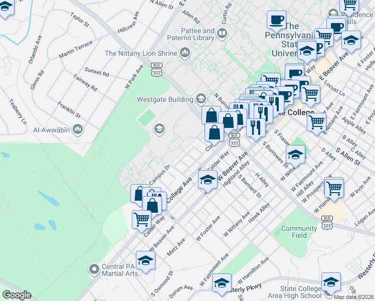 map of restaurants, bars, coffee shops, grocery stores, and more near 310 South Barnard Street in State College