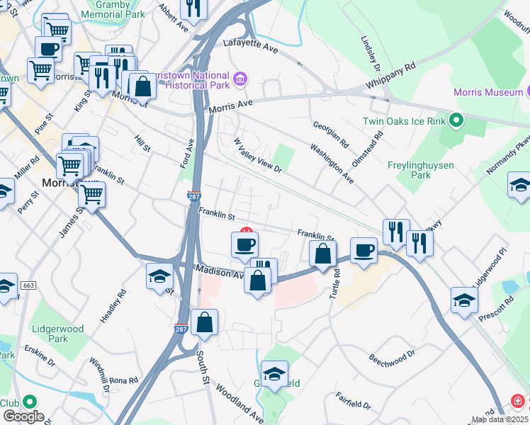 map of restaurants, bars, coffee shops, grocery stores, and more near 17 Dekalb Place in Morristown