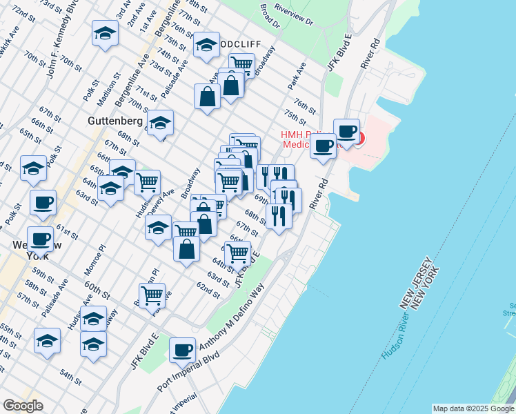 map of restaurants, bars, coffee shops, grocery stores, and more near 6811 Bellevue Avenue in Guttenberg