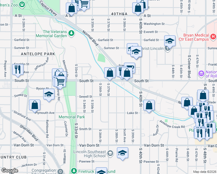 map of restaurants, bars, coffee shops, grocery stores, and more near South 37th Street in Lincoln