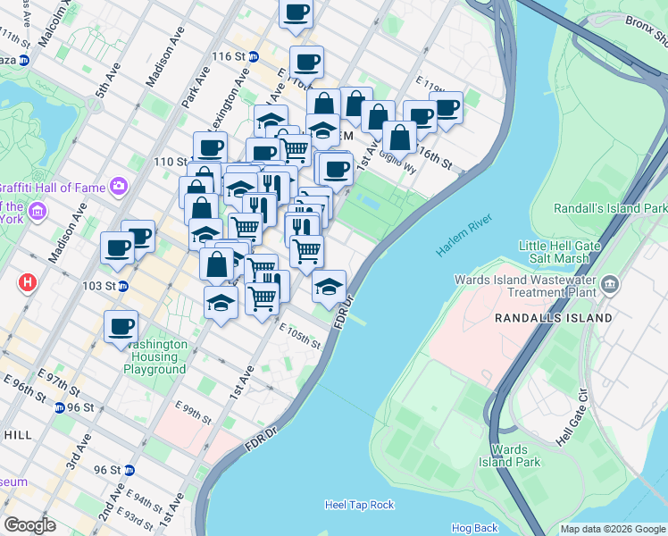 map of restaurants, bars, coffee shops, grocery stores, and more near 2110 1st Avenue in New York
