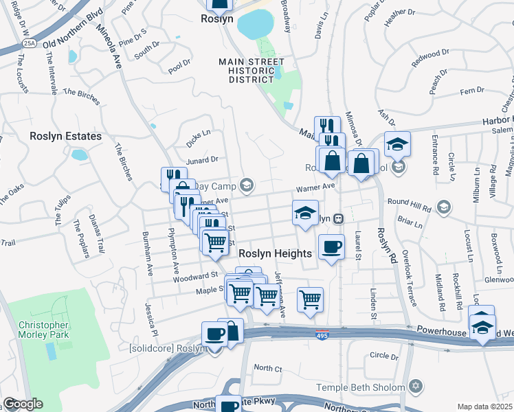 map of restaurants, bars, coffee shops, grocery stores, and more near 181 Garden Street in Roslyn Heights