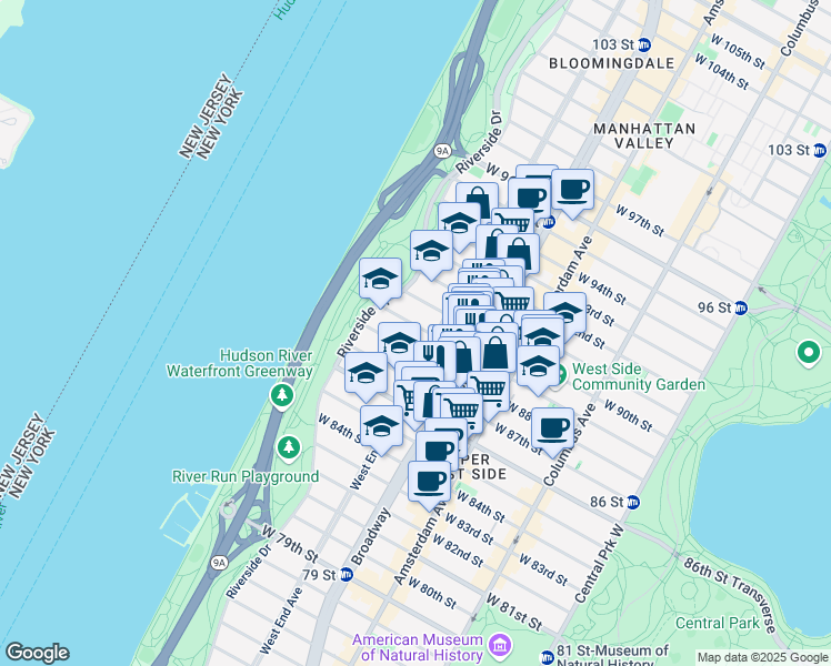 map of restaurants, bars, coffee shops, grocery stores, and more near 310 West 89th Street in New York