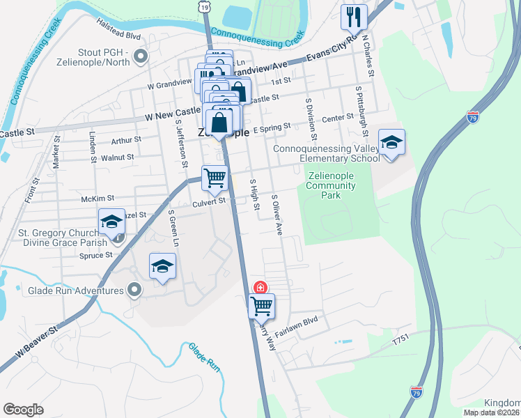 map of restaurants, bars, coffee shops, grocery stores, and more near 410 South High Street in Zelienople