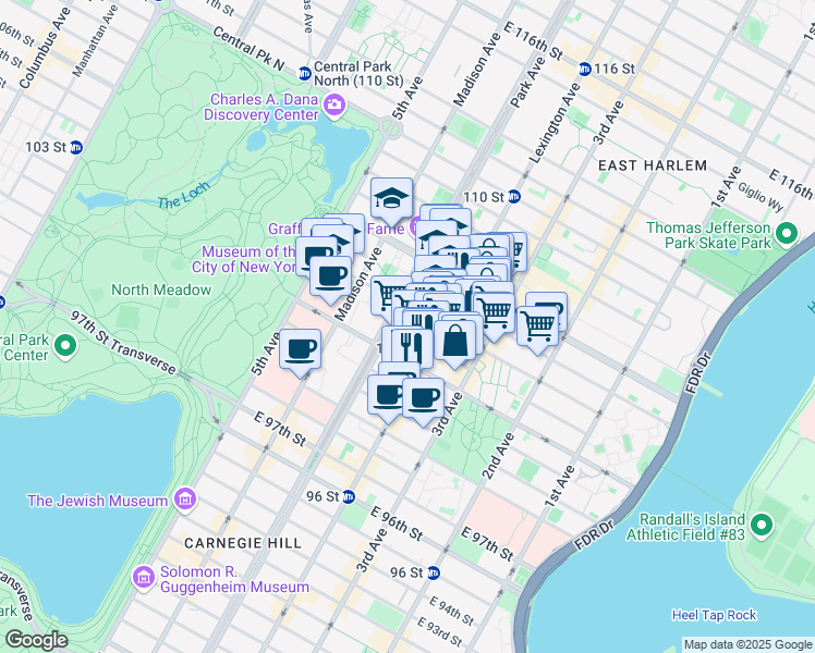 map of restaurants, bars, coffee shops, grocery stores, and more near 105 East 103rd Street in New York