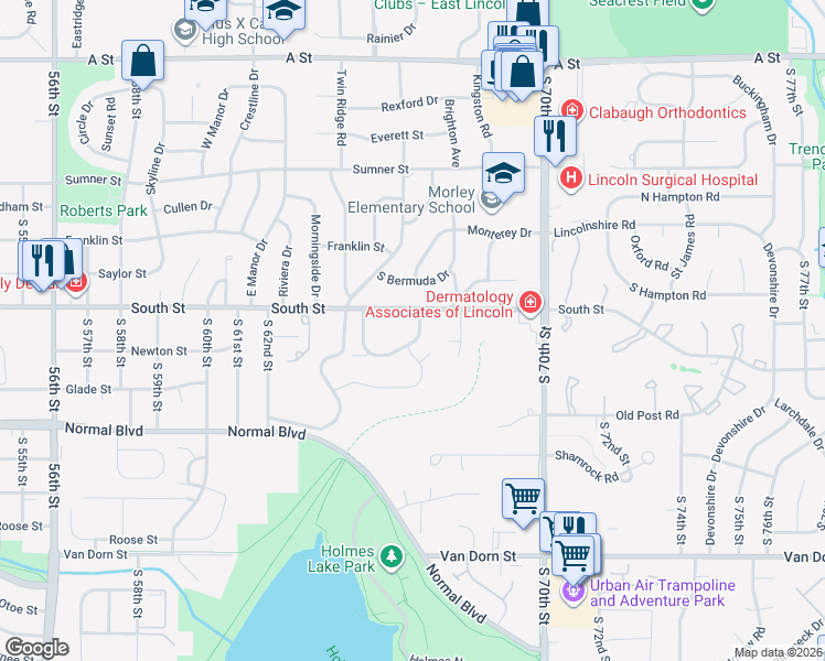 map of restaurants, bars, coffee shops, grocery stores, and more near 6710 Flint Ridge Road in Lincoln