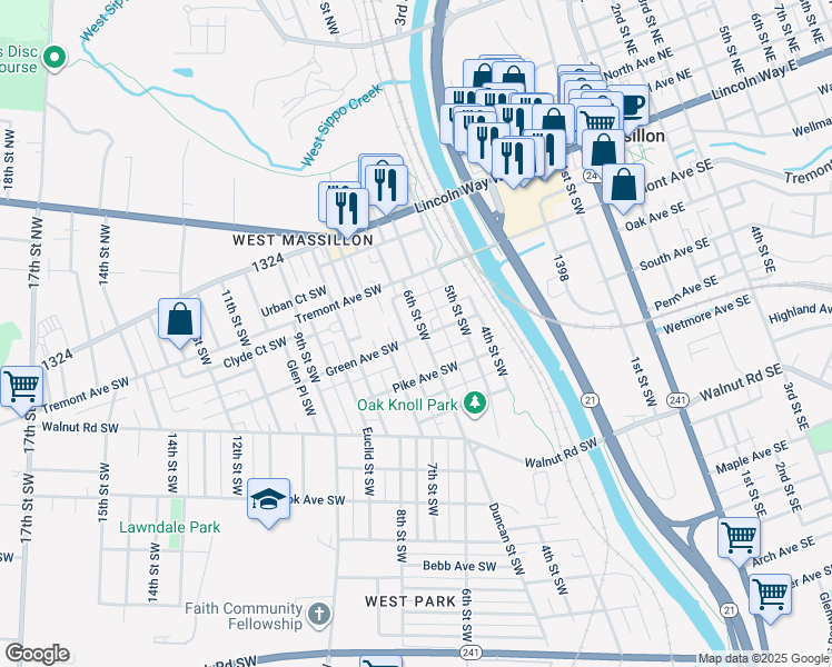 map of restaurants, bars, coffee shops, grocery stores, and more near 337 6th St SW in Massillon