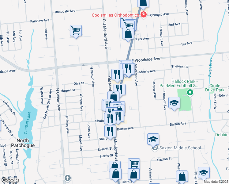 map of restaurants, bars, coffee shops, grocery stores, and more near 645 Old Medford Avenue in Patchogue