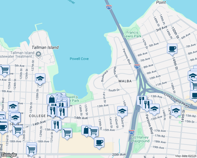 map of restaurants, bars, coffee shops, grocery stores, and more near 4 Point Crescent in Queens