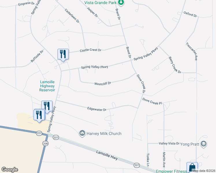 map of restaurants, bars, coffee shops, grocery stores, and more near 442 Westcliff Drive in Spring Creek