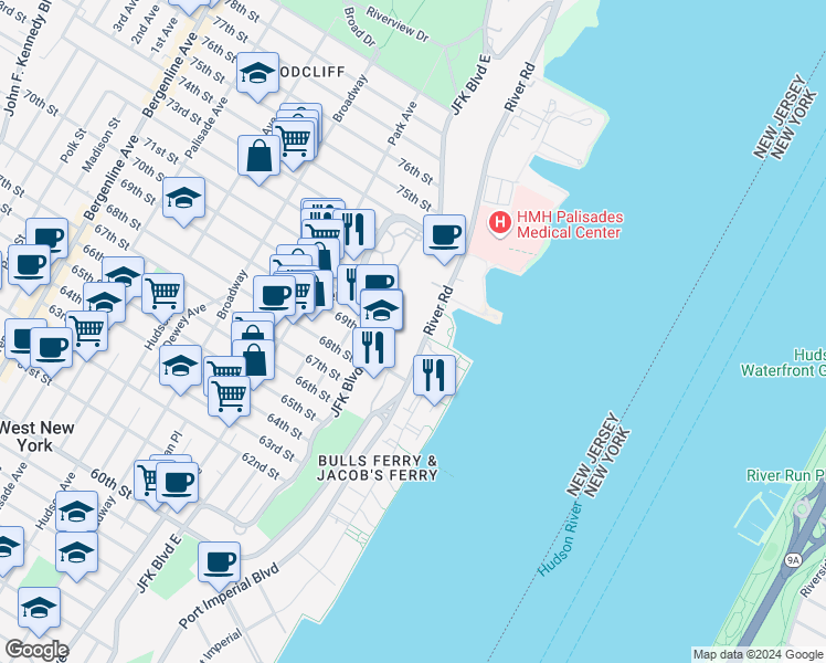 map of restaurants, bars, coffee shops, grocery stores, and more near 7004 JFK Boulevard East in West New York