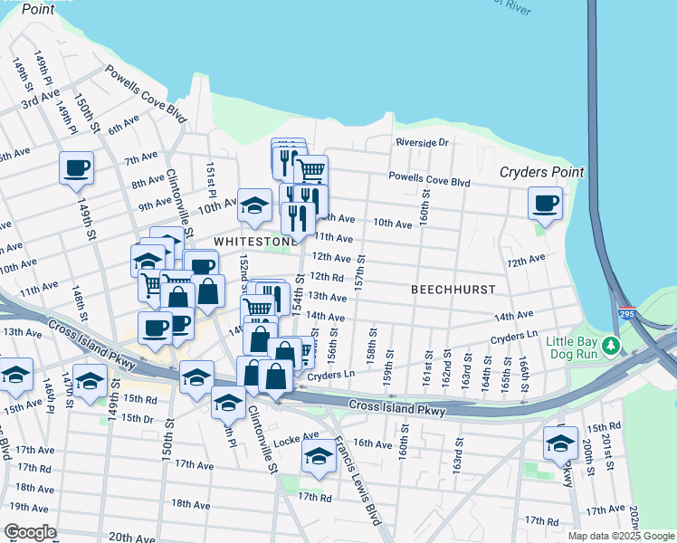 map of restaurants, bars, coffee shops, grocery stores, and more near 154-37 12th Road in Queens