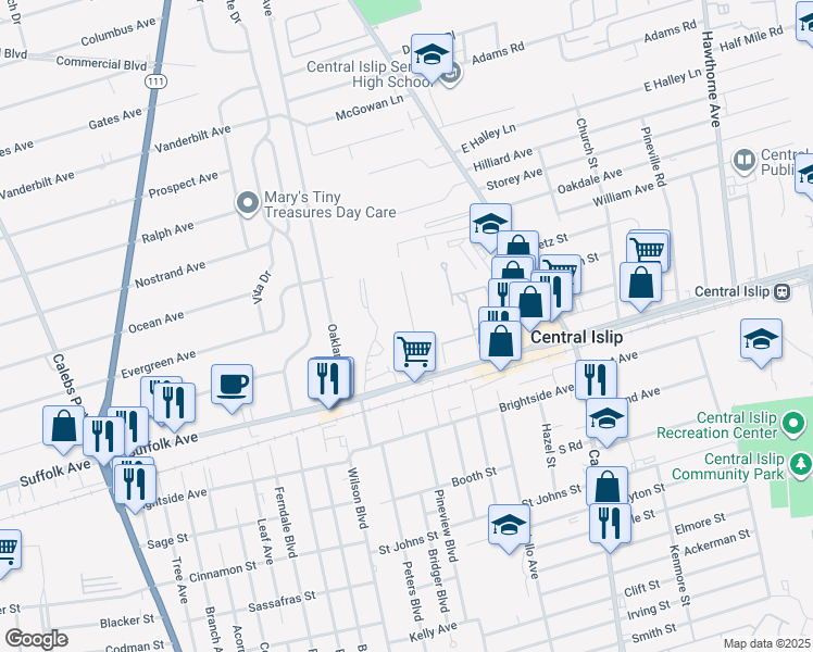 map of restaurants, bars, coffee shops, grocery stores, and more near 16 Dow Street in Central Islip