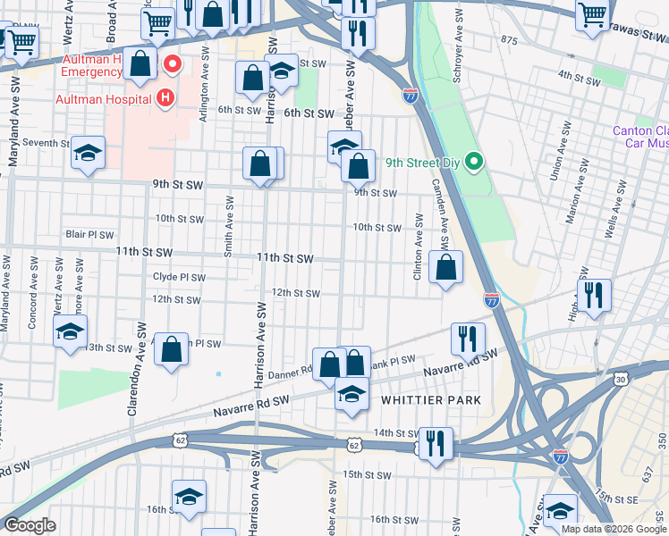 map of restaurants, bars, coffee shops, grocery stores, and more near 1109 Dueber Avenue Southwest in Canton
