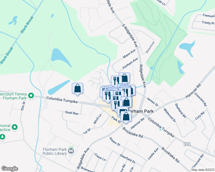 map of restaurants, bars, coffee shops, grocery stores, and more near Unnamed Road in Florham Park