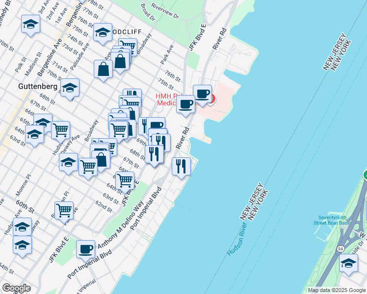 map of restaurants, bars, coffee shops, grocery stores, and more near 7608 River Road in Guttenberg
