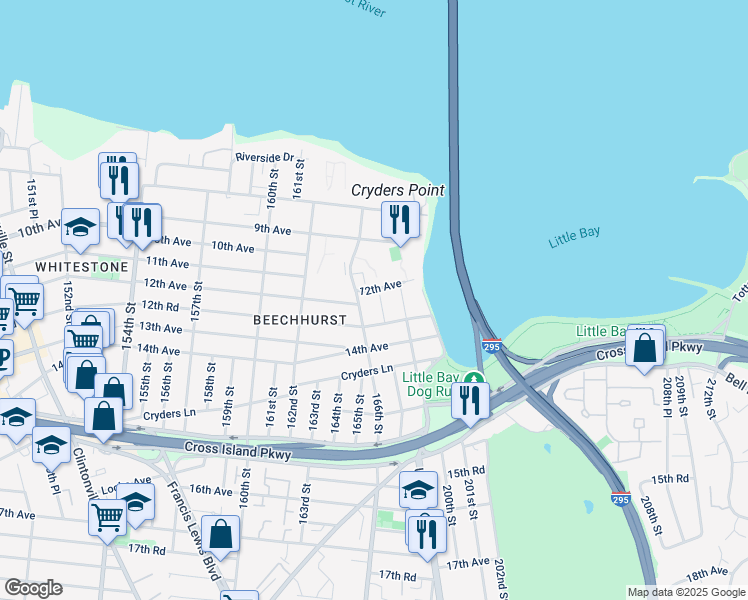 map of restaurants, bars, coffee shops, grocery stores, and more near 1040 Burton Street in Queens