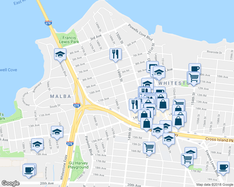 map of restaurants, bars, coffee shops, grocery stores, and more near 148-07 11th Avenue in Queens