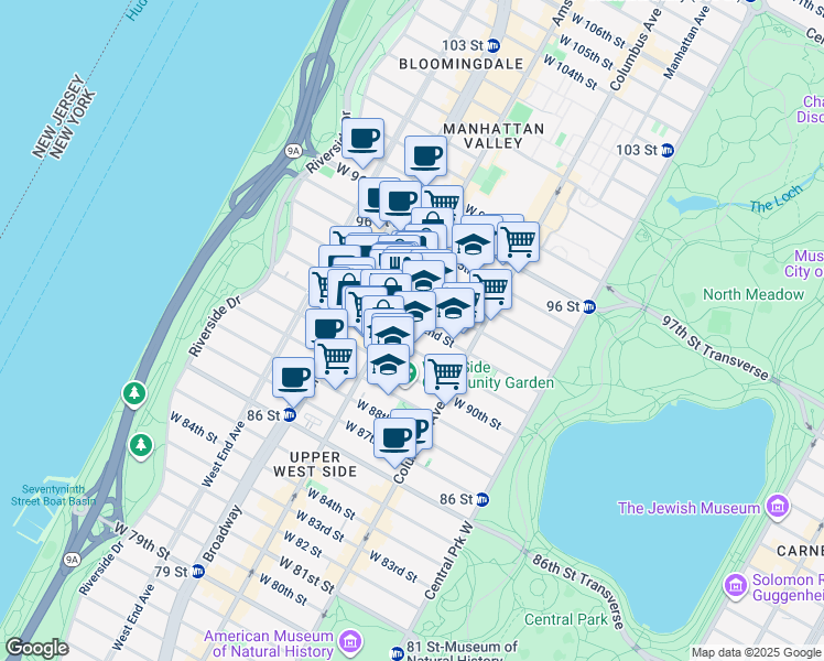 map of restaurants, bars, coffee shops, grocery stores, and more near 140 West 92nd Street in New York