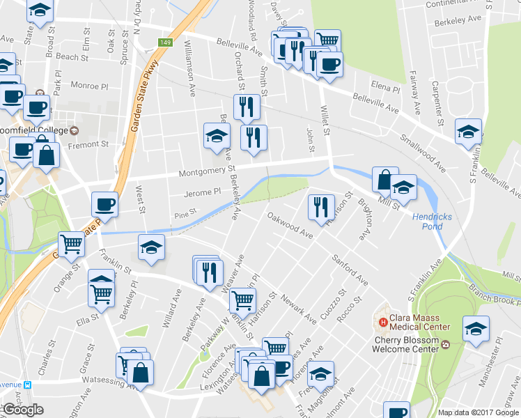 map of restaurants, bars, coffee shops, grocery stores, and more near 168 Weaver Avenue in Bloomfield
