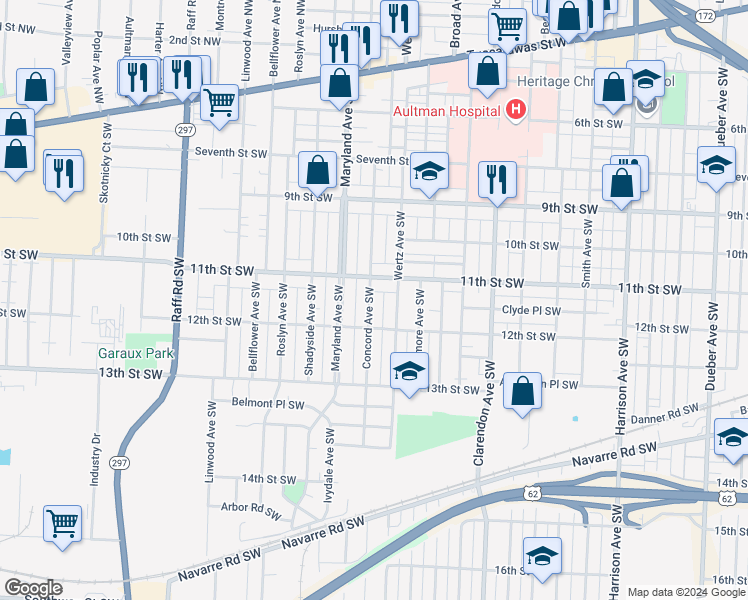 map of restaurants, bars, coffee shops, grocery stores, and more near 1122 Concord Avenue Southwest in Canton
