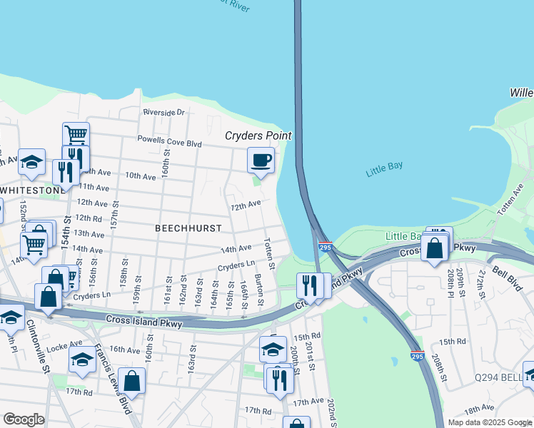 map of restaurants, bars, coffee shops, grocery stores, and more near 10-37 Totten Street in Queens
