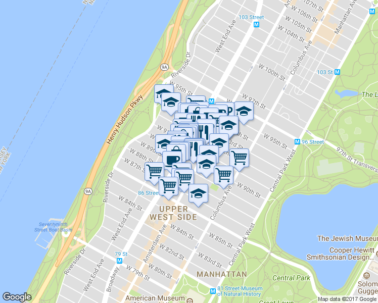 map of restaurants, bars, coffee shops, grocery stores, and more near 2446 Broadway in New York