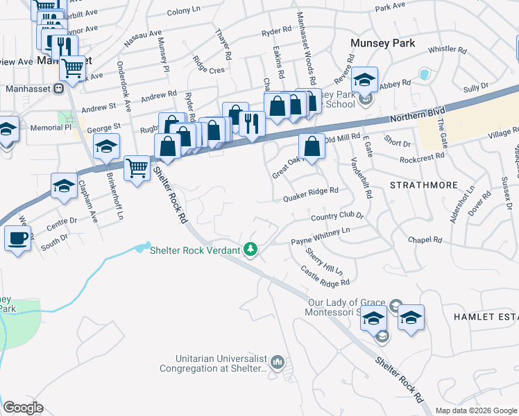 map of restaurants, bars, coffee shops, grocery stores, and more near 40 Quaker Ridge Road in Manhasset