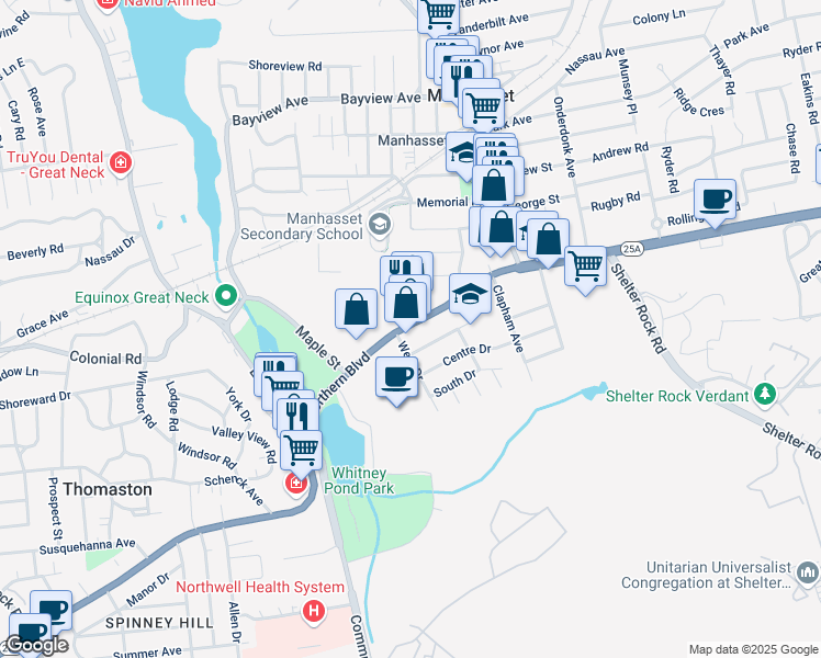 map of restaurants, bars, coffee shops, grocery stores, and more near 11 Northern Boulevard in Manhasset
