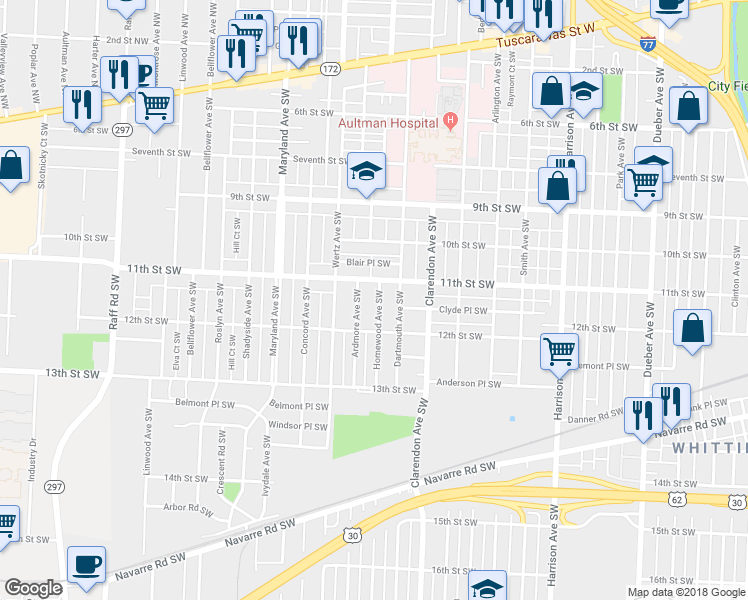 map of restaurants, bars, coffee shops, grocery stores, and more near 1121 Homewood Avenue Southwest in Canton