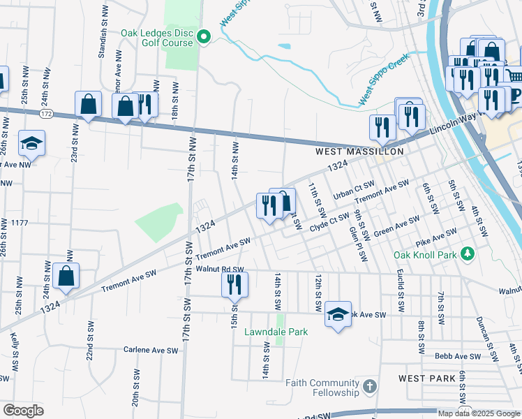 map of restaurants, bars, coffee shops, grocery stores, and more near 1309 Main Avenue West in Massillon