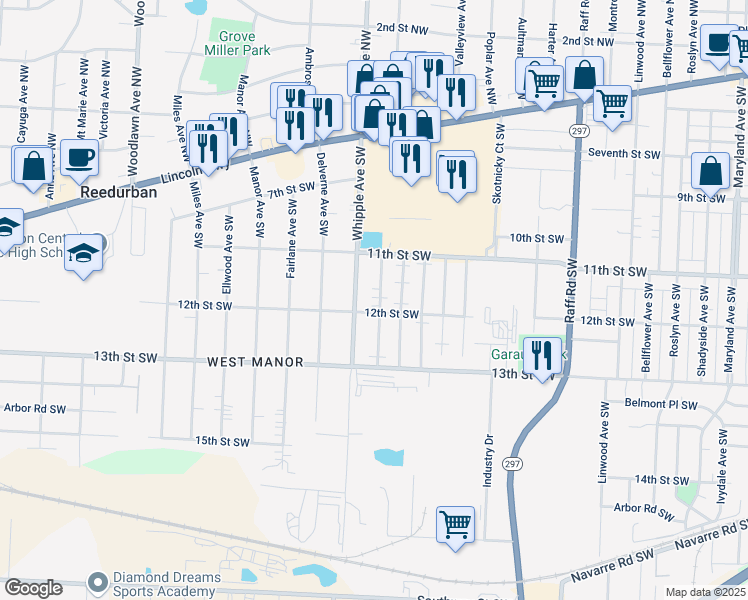 map of restaurants, bars, coffee shops, grocery stores, and more near 1153 Hawthorne Avenue Southwest in Canton