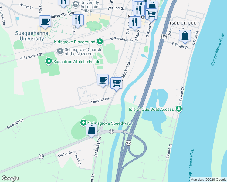map of restaurants, bars, coffee shops, grocery stores, and more near 602 Stauffer Street in Selinsgrove