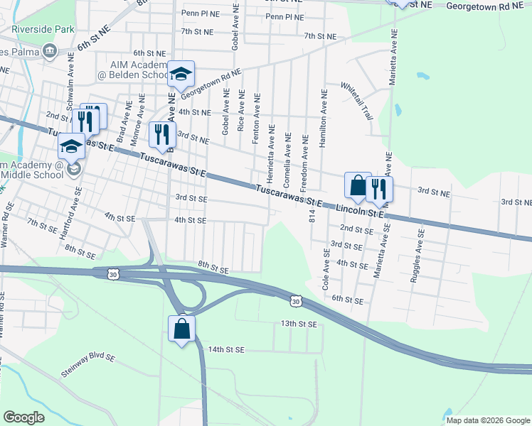 map of restaurants, bars, coffee shops, grocery stores, and more near 2370 3rd Street Southeast in Canton
