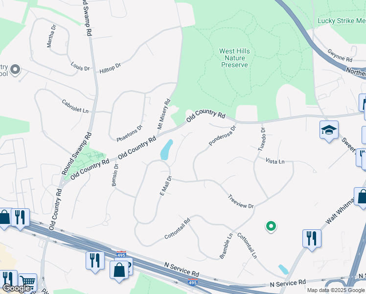 map of restaurants, bars, coffee shops, grocery stores, and more near 8 Split Rock Court in Melville